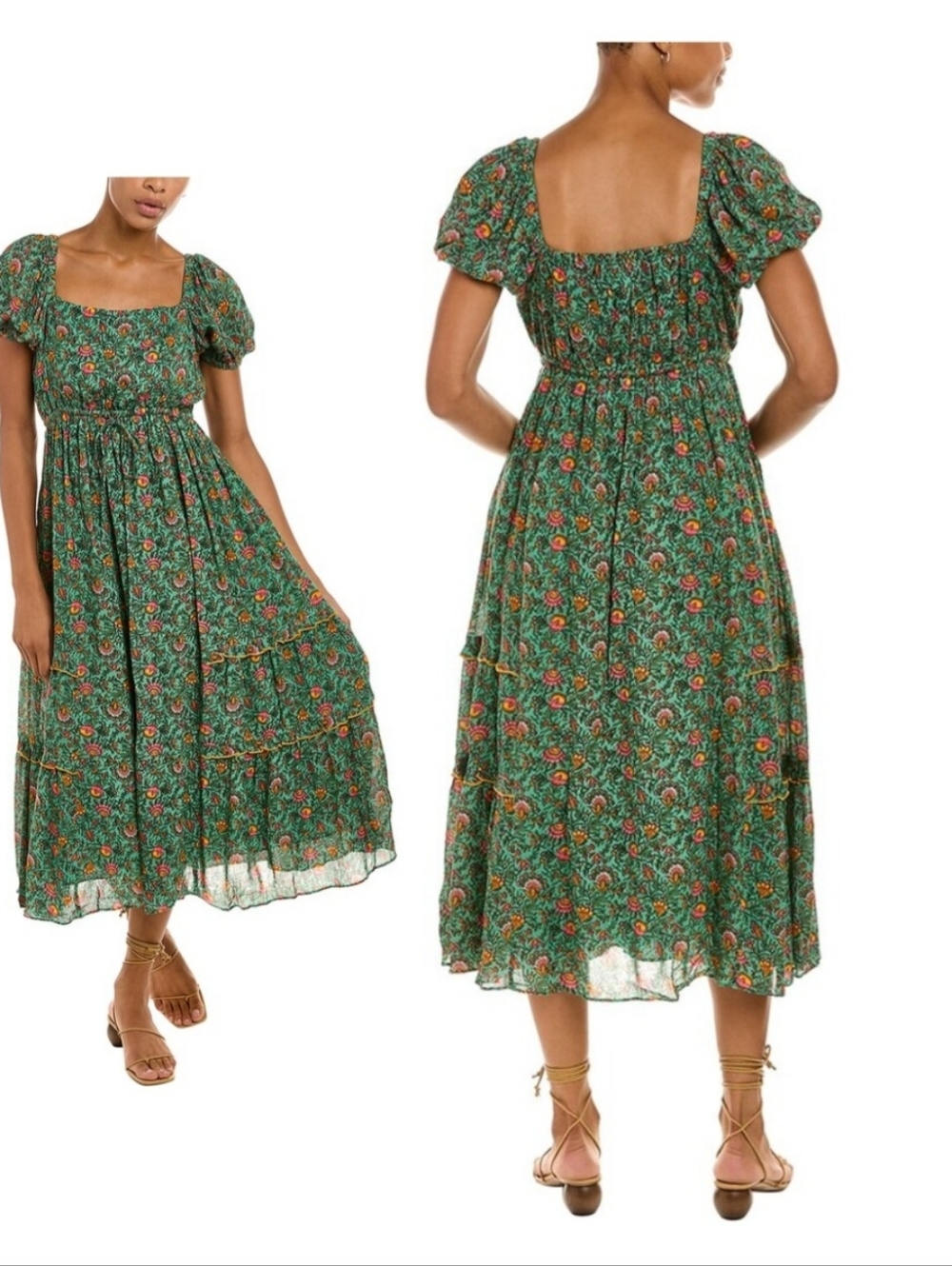 Celina Moon Floral‎ Midi Dress Teal Blue Red Gold Boho Tiered Cotton Lined Large